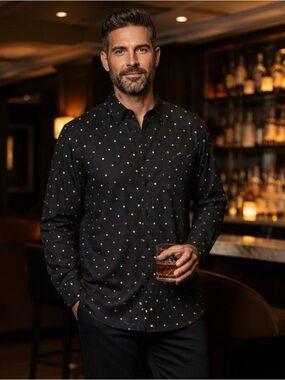 Riscatto Men’s XL Black Multicolor Dot Button Front Shirt Modern Fit Casual